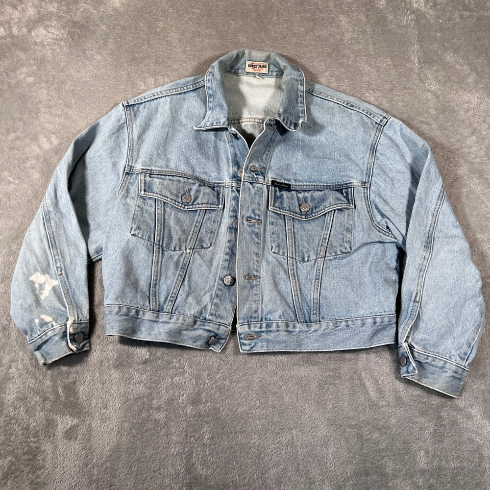VTG Guess Jeans Denim Jacket Womens Small Cropped Light Wash Made in USA